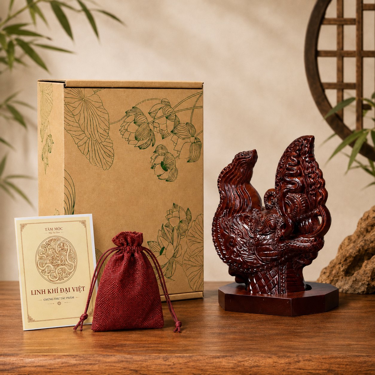 Bộ quà tặng Linh Khí Đại Việt gồm hộp sen, túi gấm đỏ đựng trầm, chứng thư và tác phẩm